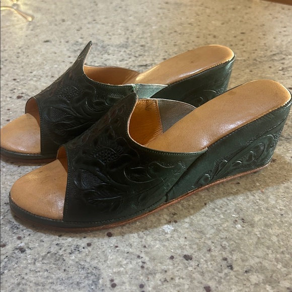Shoes - Forest Green Embossed Leather Wedge Slide Sandals